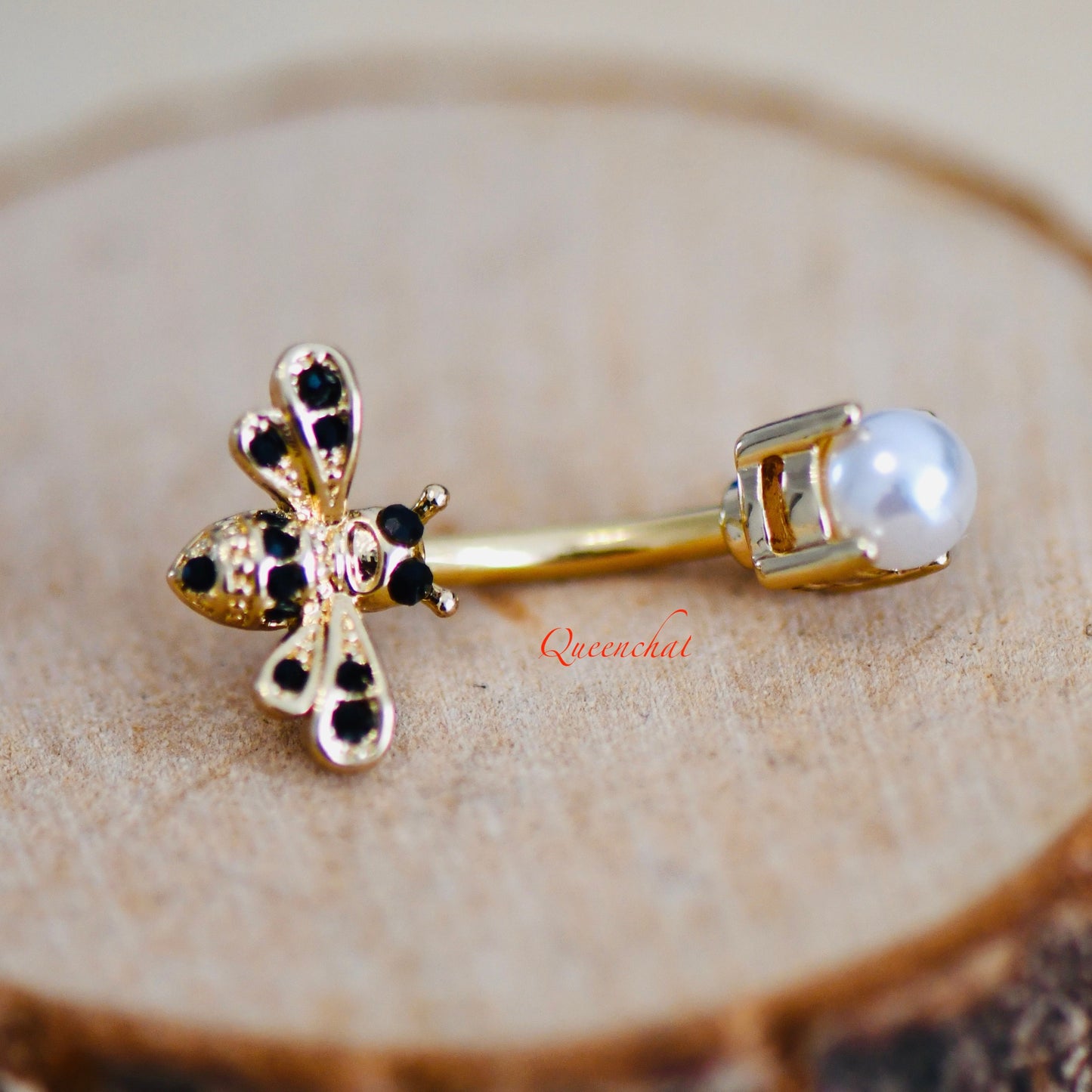 14G 316L Surgical Steel Golden & Black Bee With Pearl Belly Bar Navel Ring Navel Piercing Jewellery