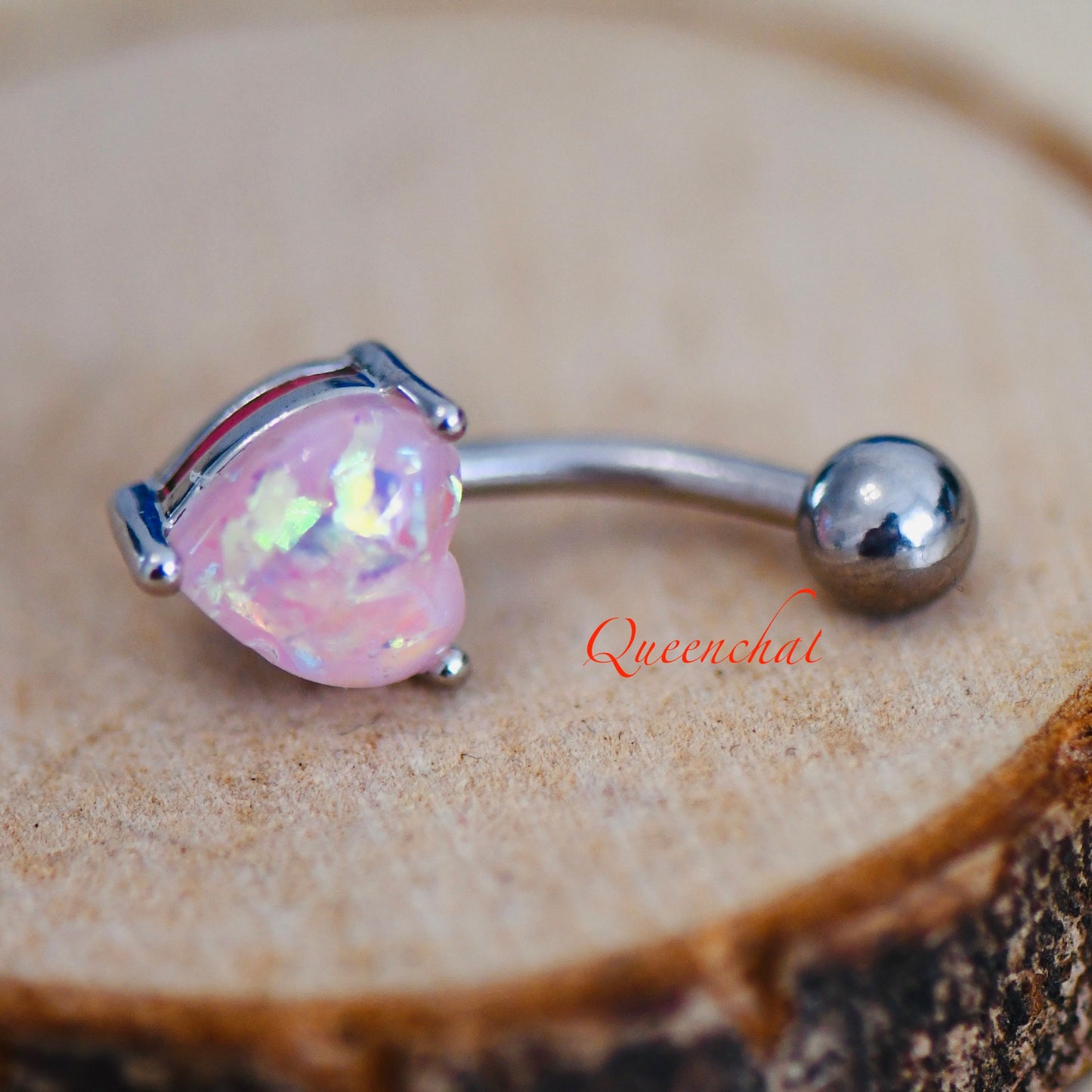 316L Surgical Steel 14G Pink Opal Belly Bar, Navel Ring Belly Piercing Jewellery