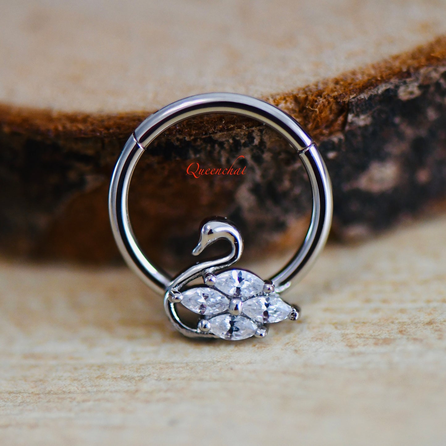16G Silver Swan With CZ Hinged Septum Clicker Daith Rook Ear Ring 8mm or 10mm