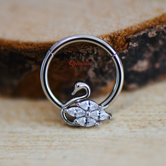 16G Silver Swan With CZ Hinged Septum Clicker Daith Rook Ear Ring 8mm or 10mm