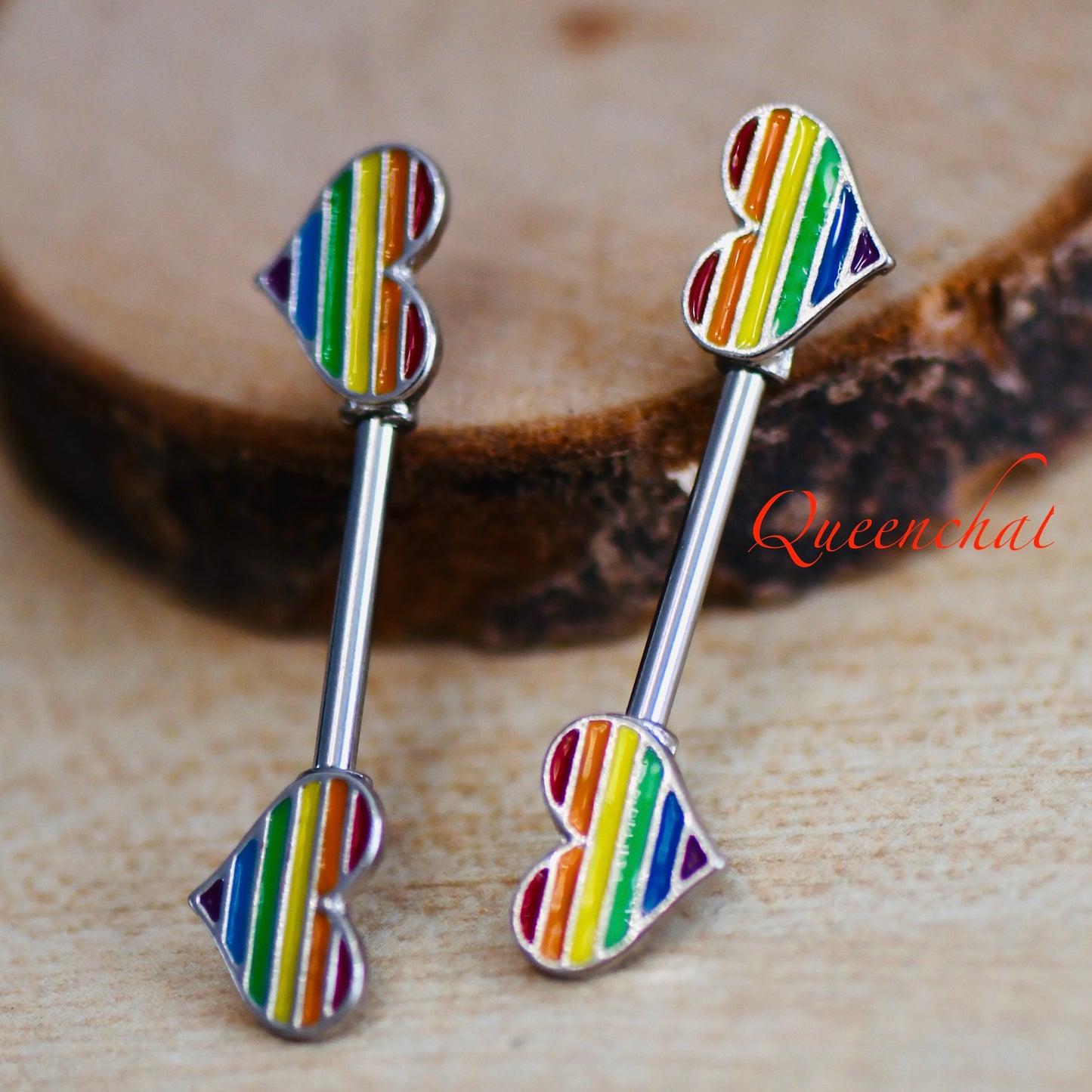 316L Surgical Steel 14G Rainbow Hearts Nipple Bars