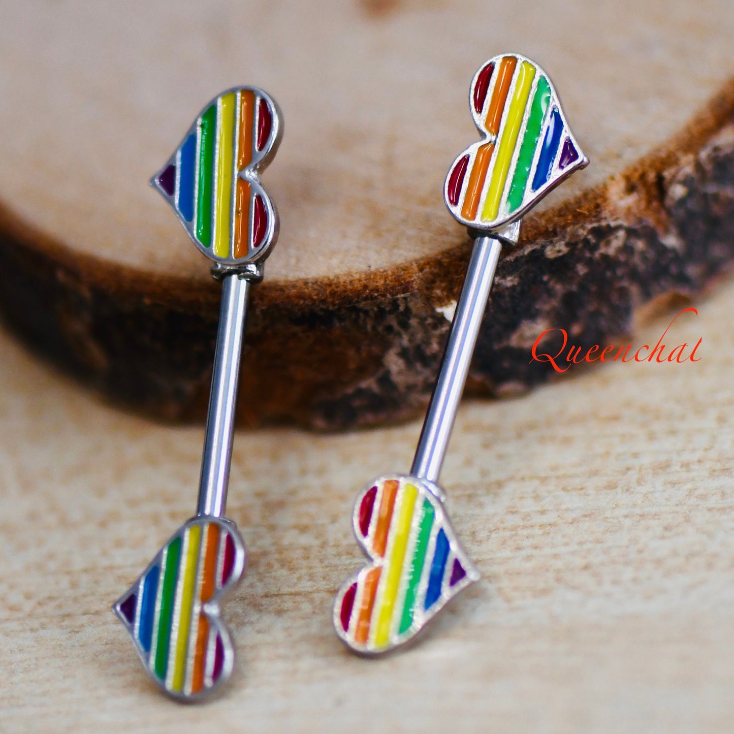 316L Surgical Steel 14G Rainbow Hearts Nipple Bars