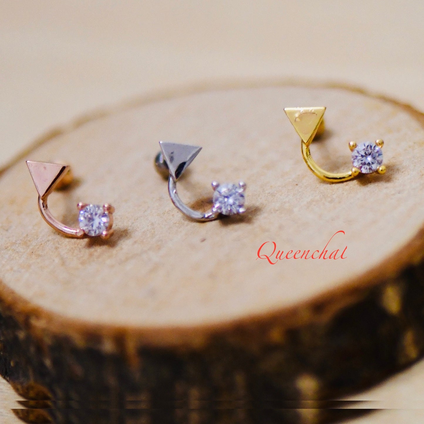 16G 316L Surgical Steel Triangle And Crystal Curve Design Stud Earring, Cartilage Stud Body Piercing Jewellery