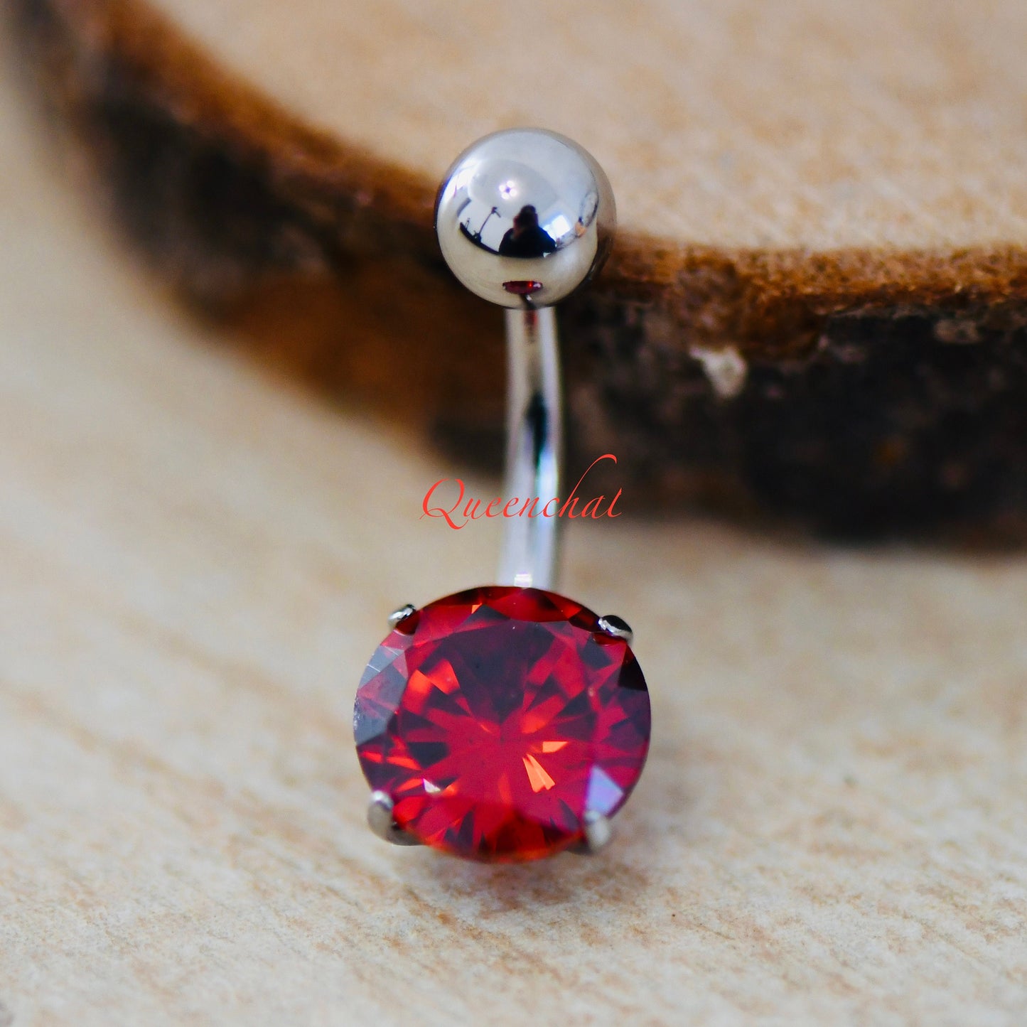 316L Surgical Steel 14G Red CZ Belly Bar, Navel Ring Belly Piercing Jewellery Silver Navel Bar