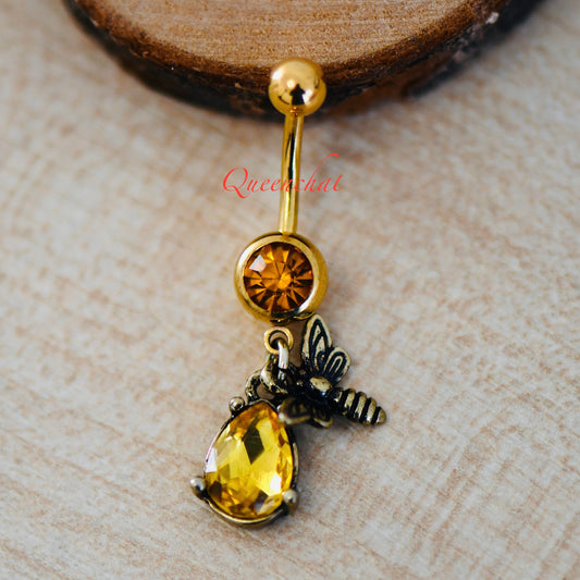 316L Surgical Steel 14G CZ Golden Bee Dangling Belly Bar, Navel Ring