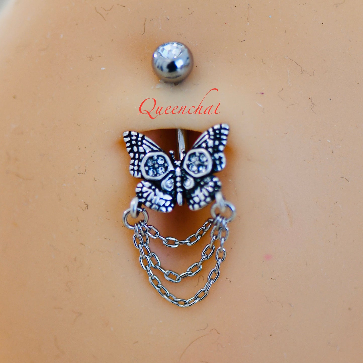 316L Surgical Steel 14G CZ Butterfly With Chain Belly Bar, Navel Ring