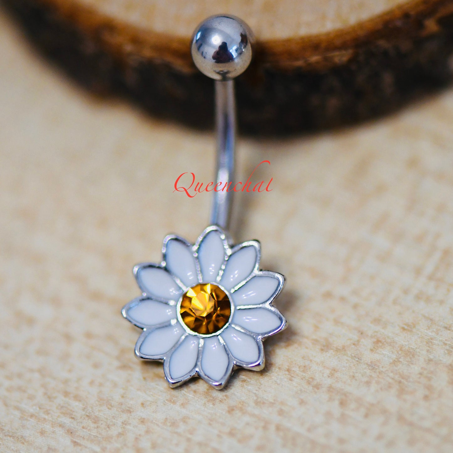 316L Surgical Steel 14G White Daisy Flower Belly Bar, Navel Ring Belly Piercing Jewellery