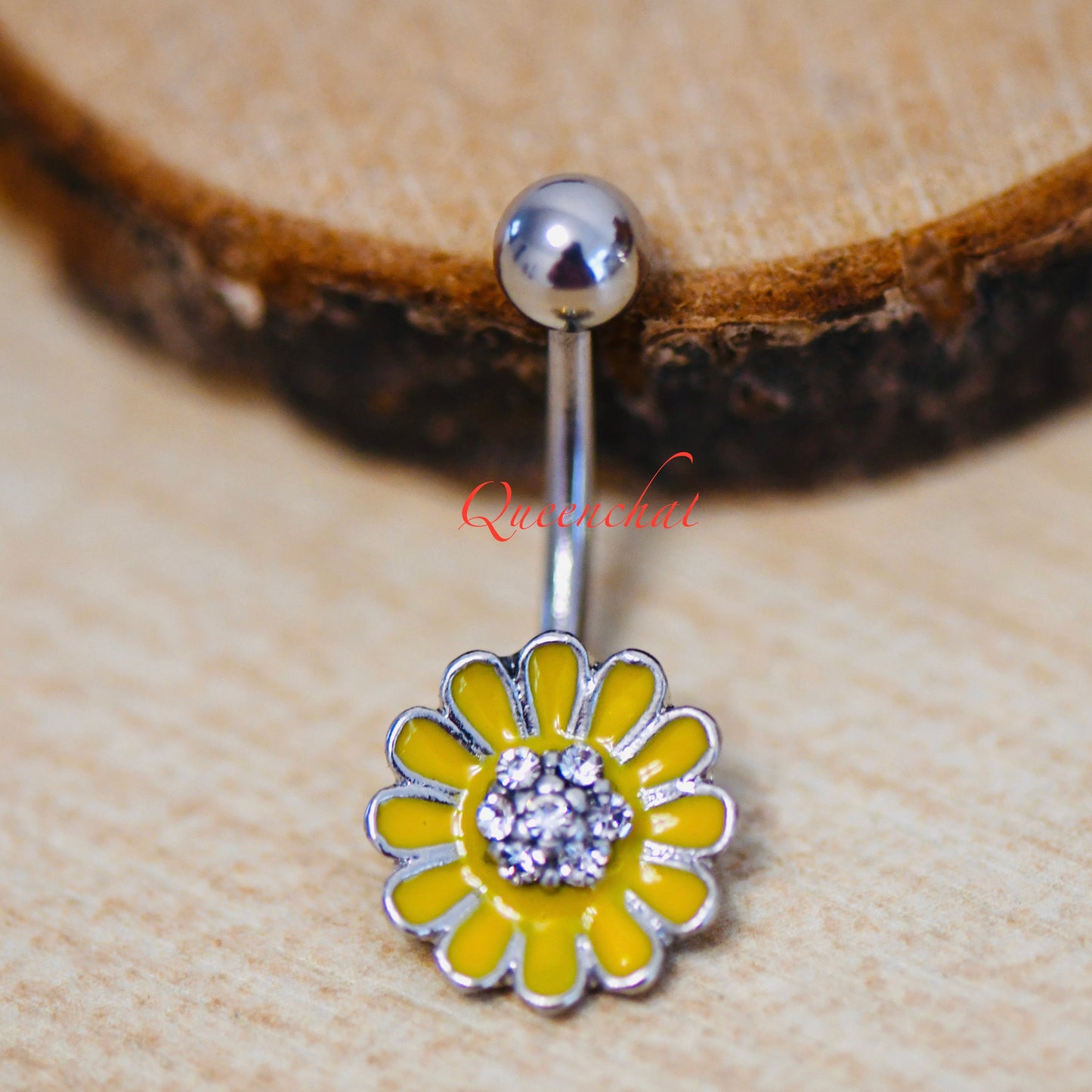 316L Surgical Steel 14G Yellow Sun Flower Belly Bar, Navel Ring Belly Piercing Jewellery