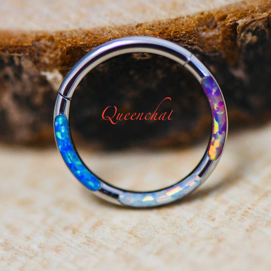 316L Surgical Steel 16G Blue, Pink & White Opal Segment Ring Hinged Septum Clicker Ring Conch Tragus Helix Hoop Three Colors Opal Ring
