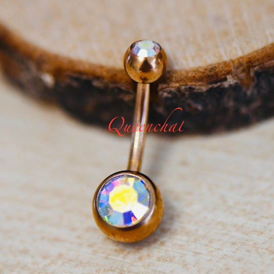 316L Surgical Steel 14G Aurora Borealis Rose Gold Belly Bar, Navel Ring Belly Piercing Jewellery Belly Button Ring