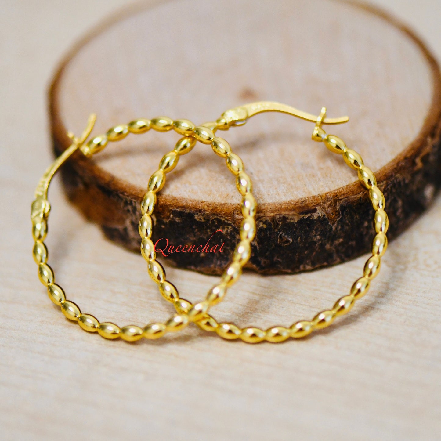 S925 Sterling Silver Beaded Large Hoop Earring, Gold, Silver Hoops