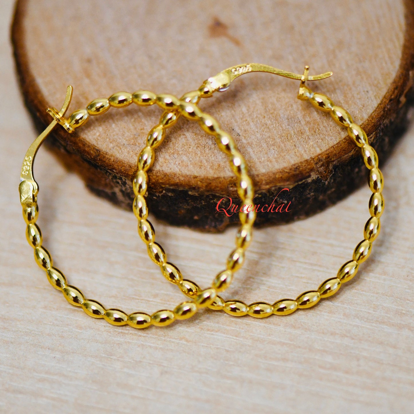 S925 Sterling Silver Beaded Large Hoop Earring, Gold, Silver Hoops
