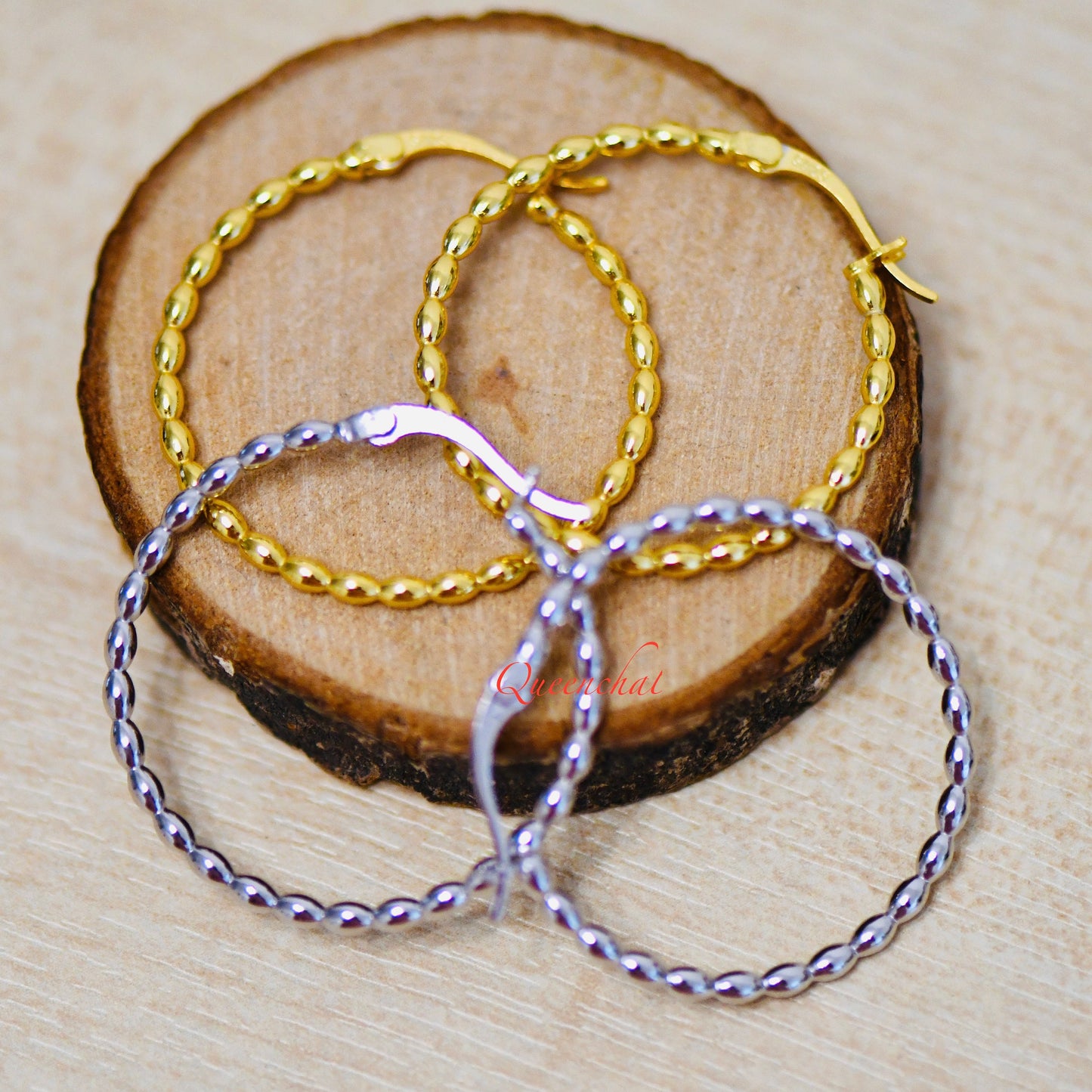 S925 Sterling Silver Beaded Large Hoop Earring, Gold, Silver Hoops