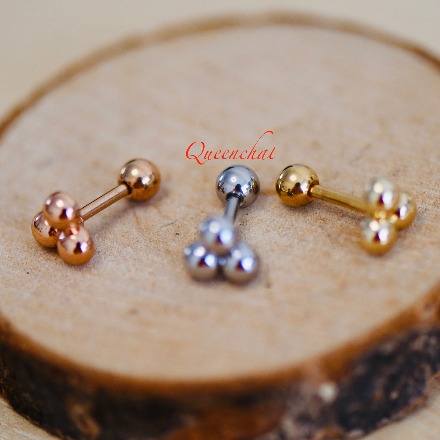 16G 316L Surgical Steel Three Beads Triangular Stud Earring, Cartilage Stud Body Piercing Jewellery Lobe Earring