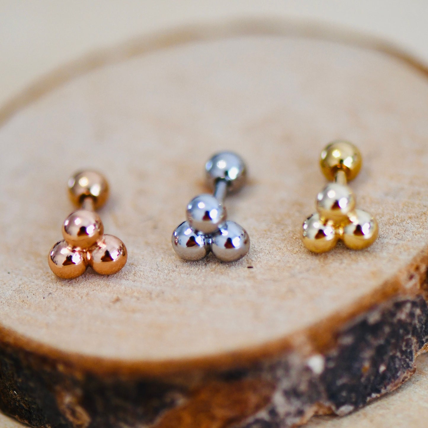 16G 316L Surgical Steel Three Beads Triangular Stud Earring, Cartilage Stud Body Piercing Jewellery Lobe Earring
