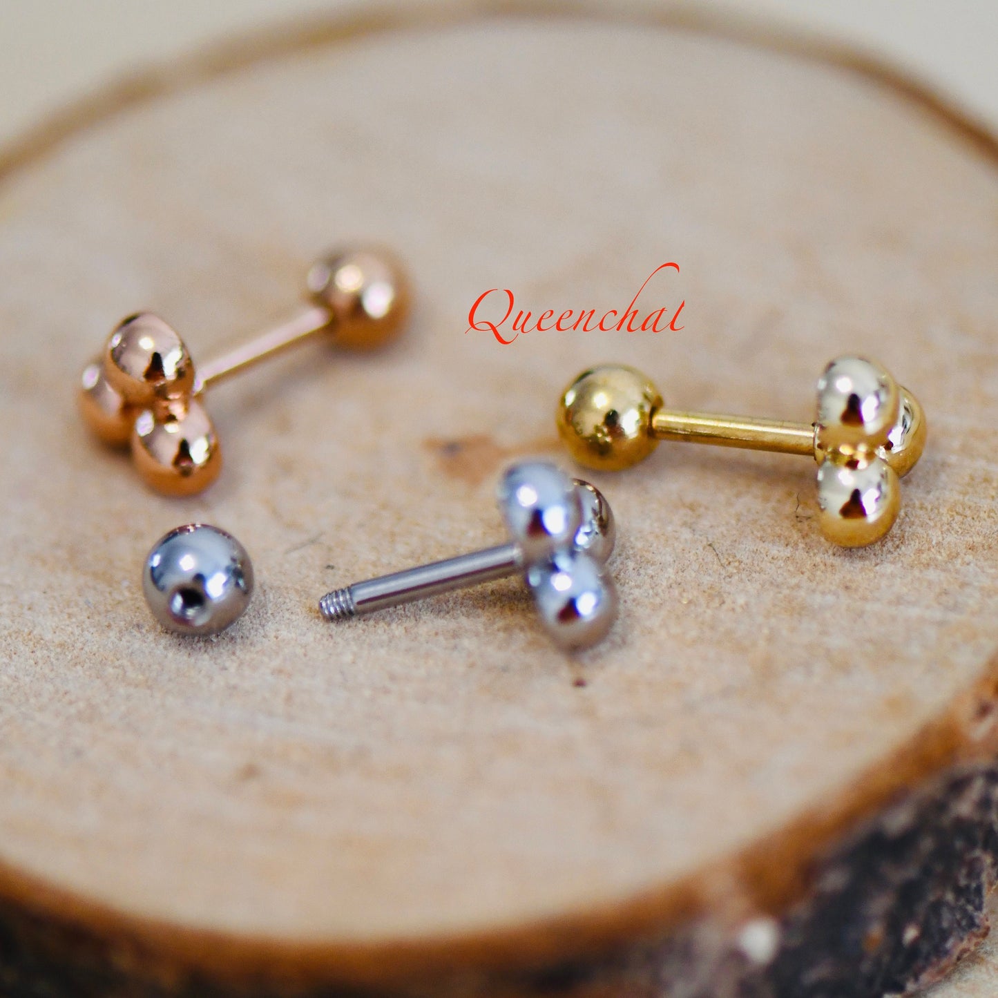 16G 316L Surgical Steel Three Beads Triangular Stud Earring, Cartilage Stud Body Piercing Jewellery Lobe Earring