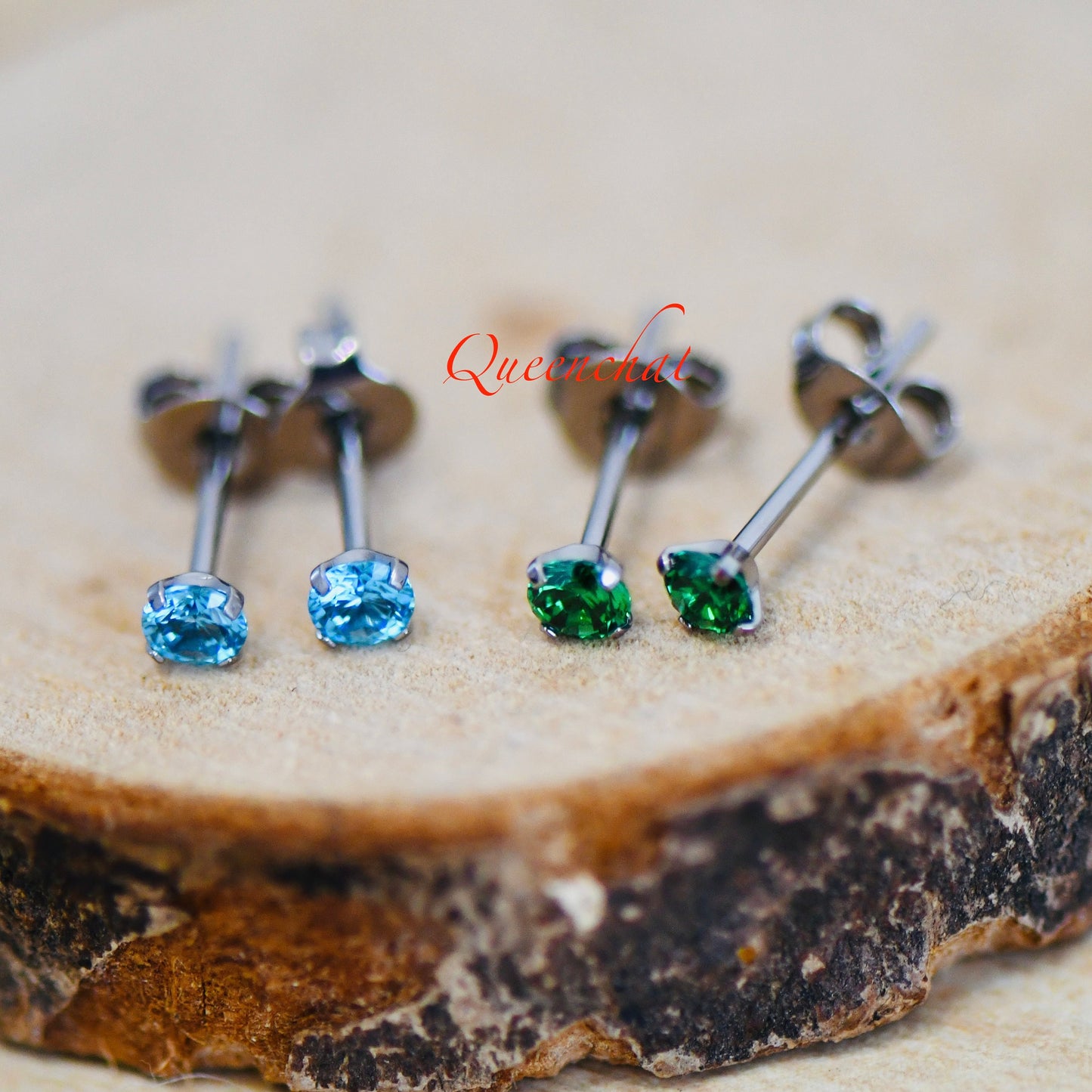 F136 Titanium Aquamarine Emerald Stud Earrings 20g Pair With Butterfly Back Blue & Green CZ Stud Earrings