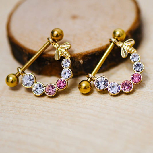 316L Surgical Steel 14G Bee With Pink & Clear CZ Nipple Rings Gold, Silver Nipple Bars