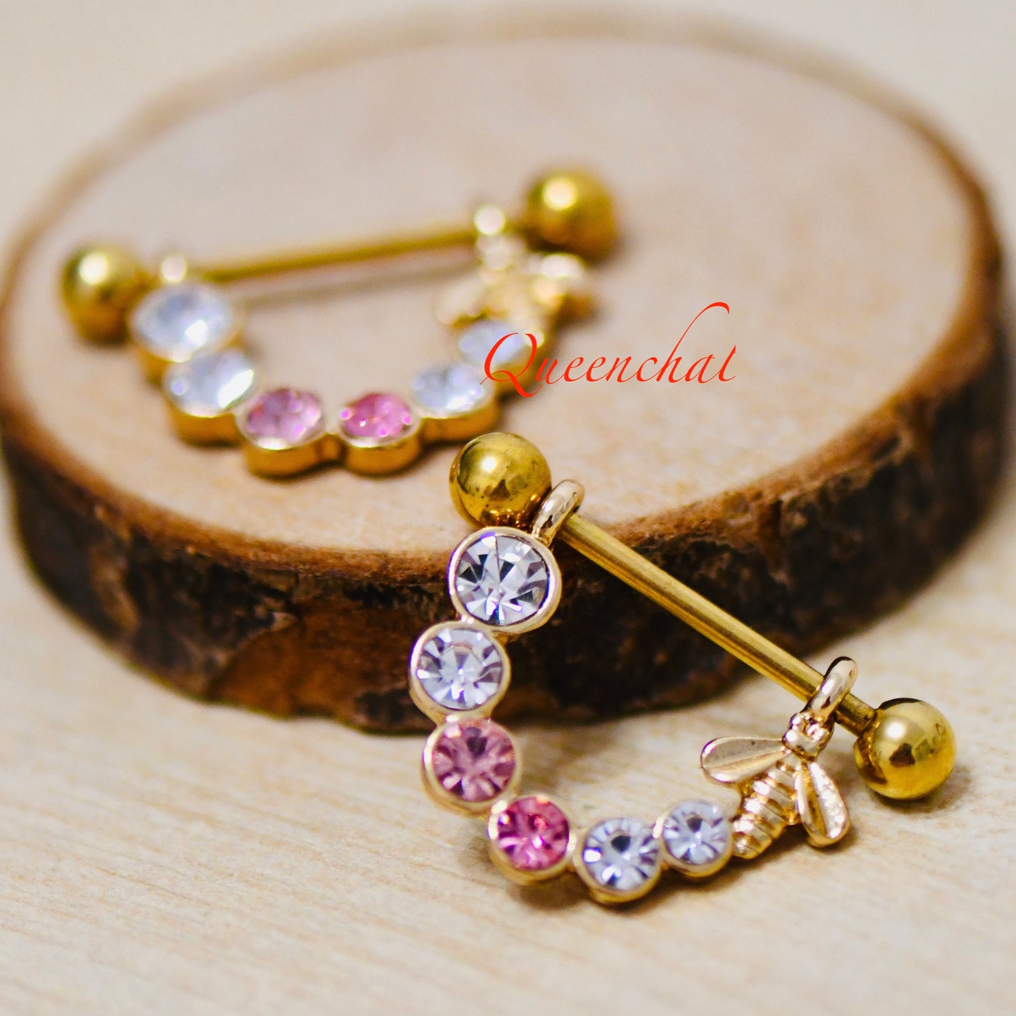 316L Surgical Steel 14G Bee With Pink & Clear CZ Nipple Rings Gold, Silver Nipple Bars