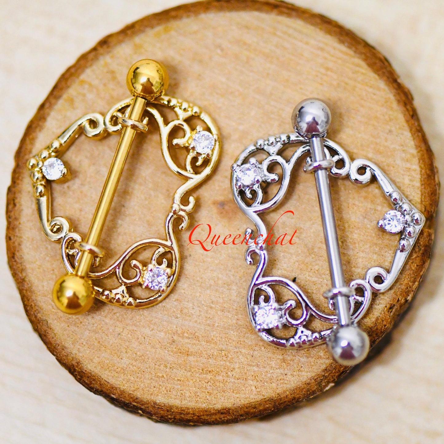 316L Surgical Steel 14G Hearts Nipple Ring Floral Nipple Bars