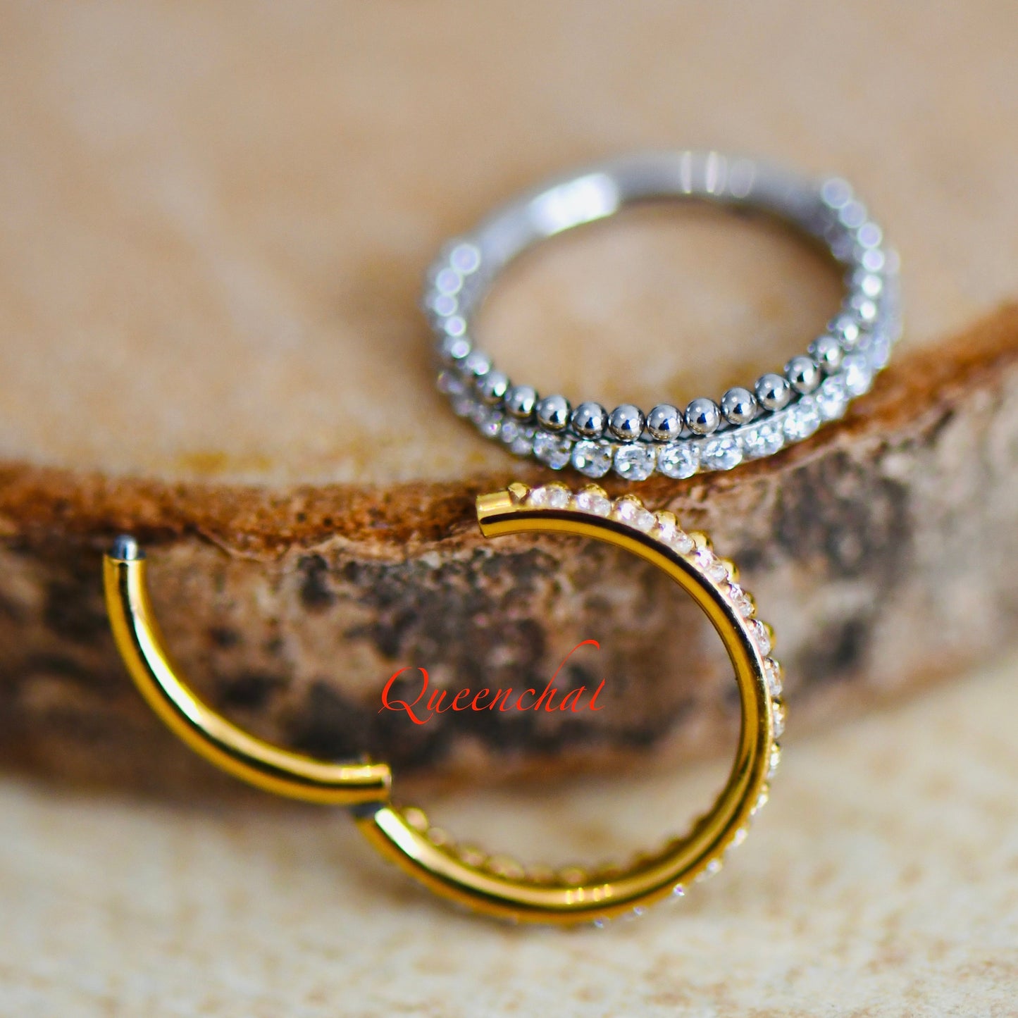 16G 316L S/S Beaded and CZ Hinged Segment Ring Conch Ring, Lobe Ring 10mm Gold, Silver Clicker Ring