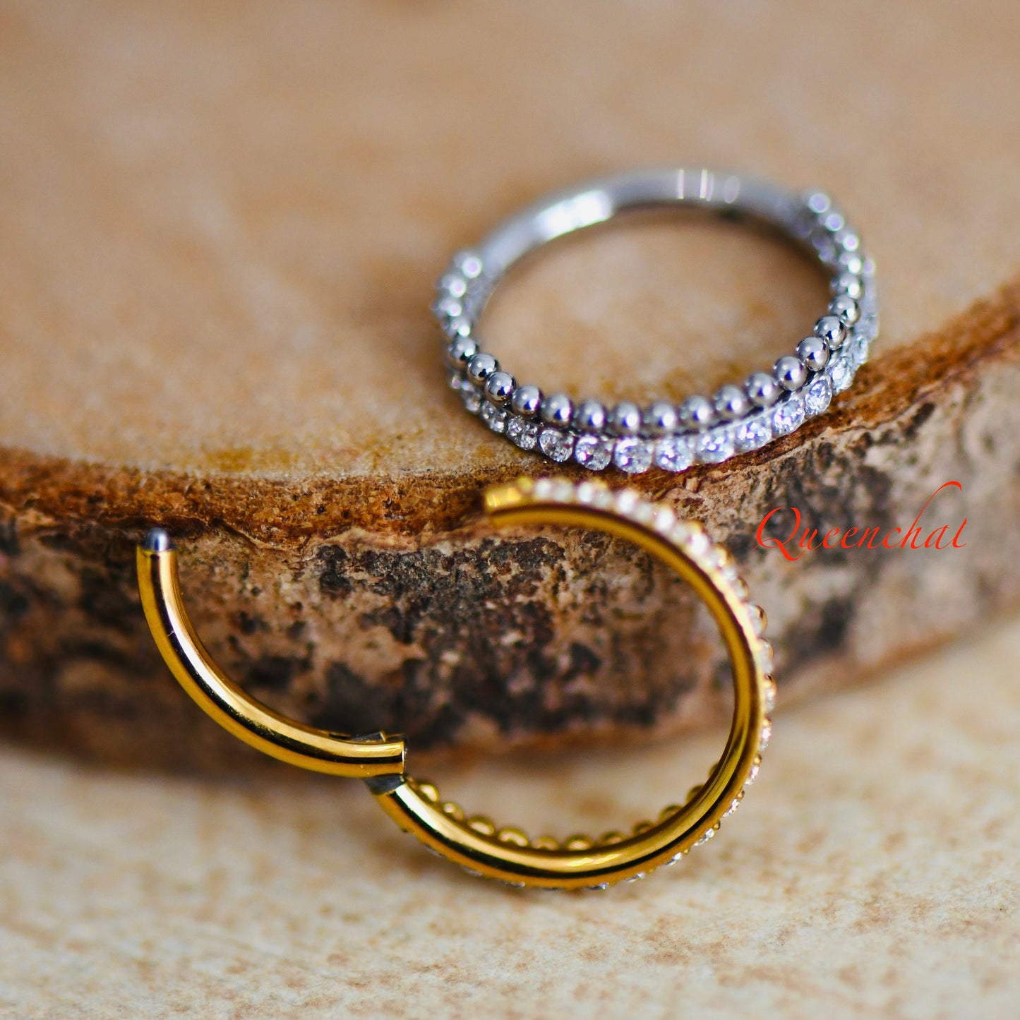 16G 316L S/S Beaded and CZ Hinged Segment Ring Conch Ring, Lobe Ring 10mm Gold, Silver Clicker Ring