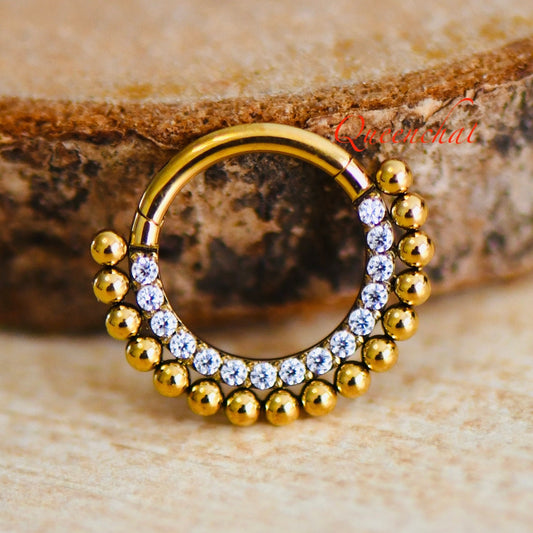 16G 316L Surgical Steel Clear CZ Pave Beaded Septum Ring Cartilage Piercing Earring CZ Pave Gold Clicker Ring 8mm