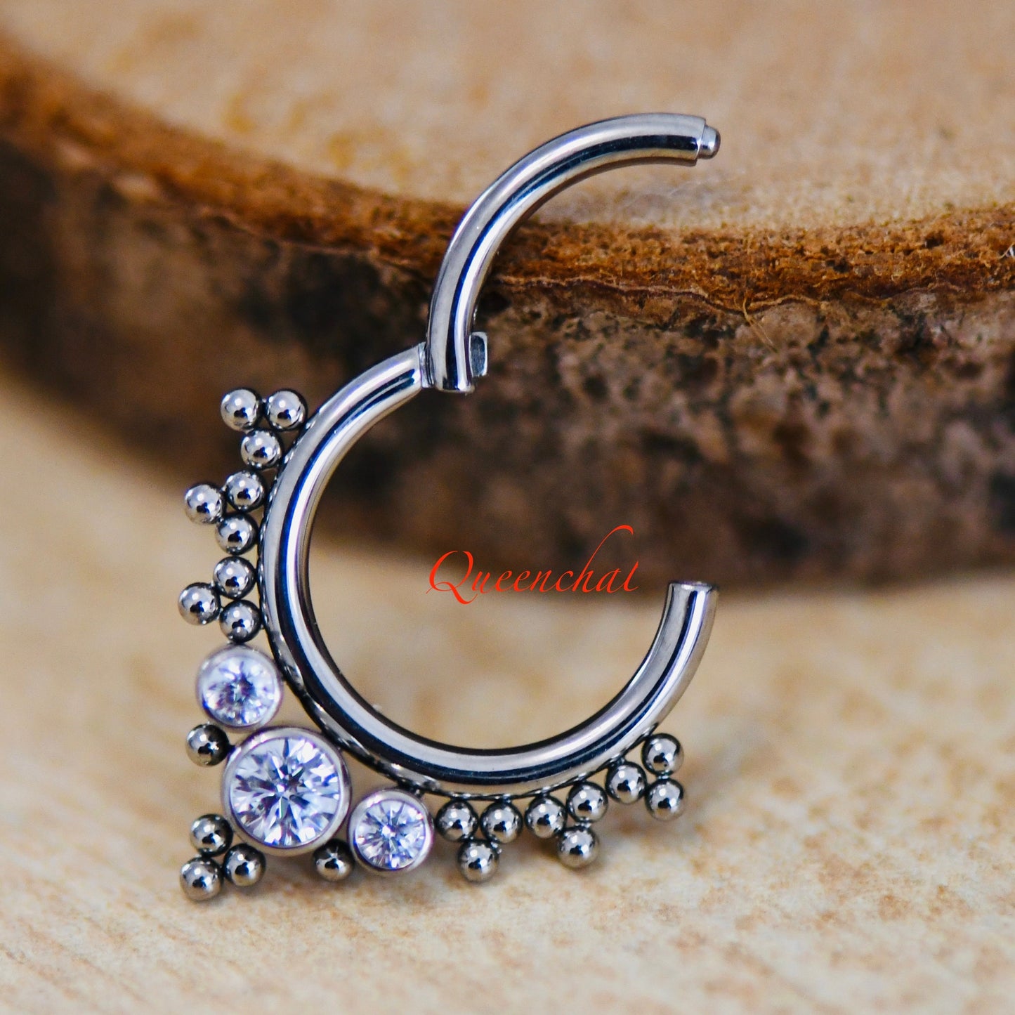 316L Surgical Steel 16G Sparkling V Shape CZ and Beaded Design Nose Ring Septum Clicker Cartilage Ring Hinged Segment Ring