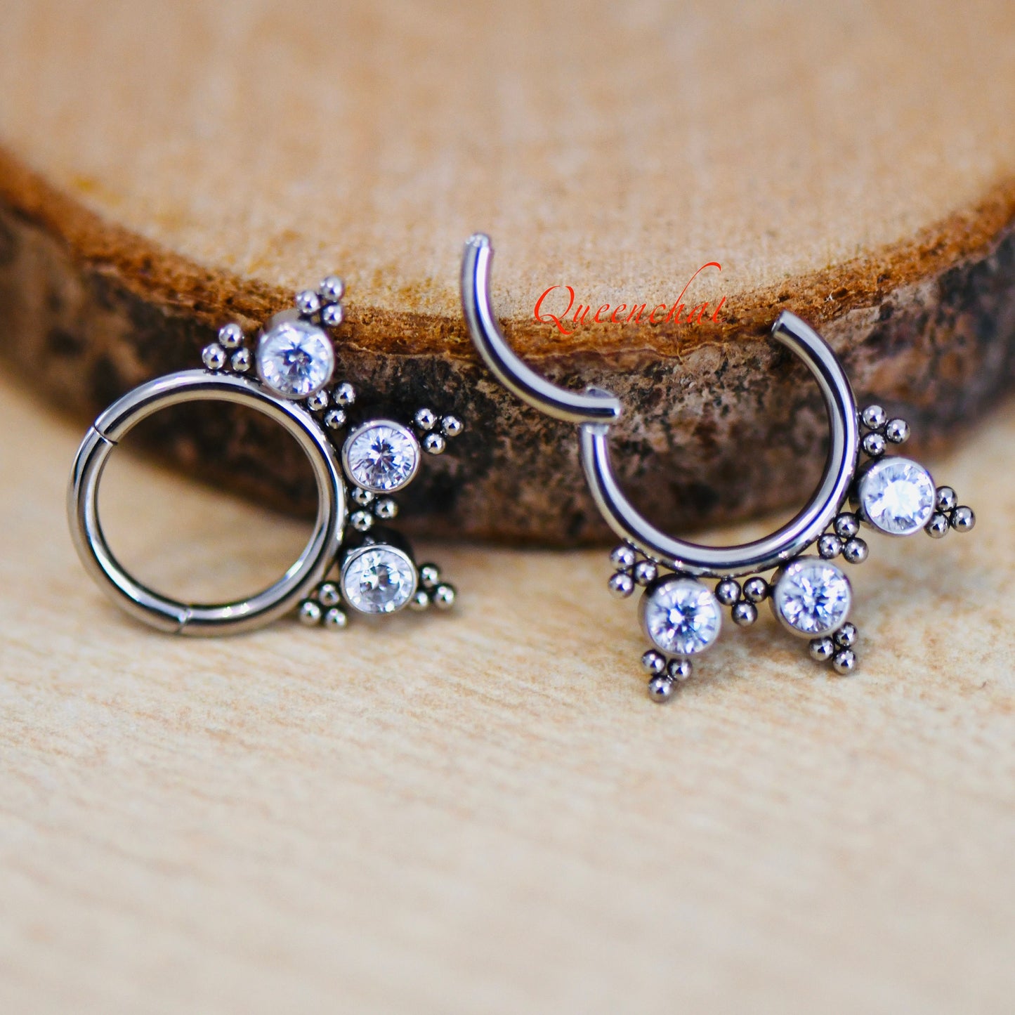 316L Surgical Steel 16G Sparkling CZ and Beaded Design Nose Ring Septum Clicker Cartilage Ring Hinged Segment Ring