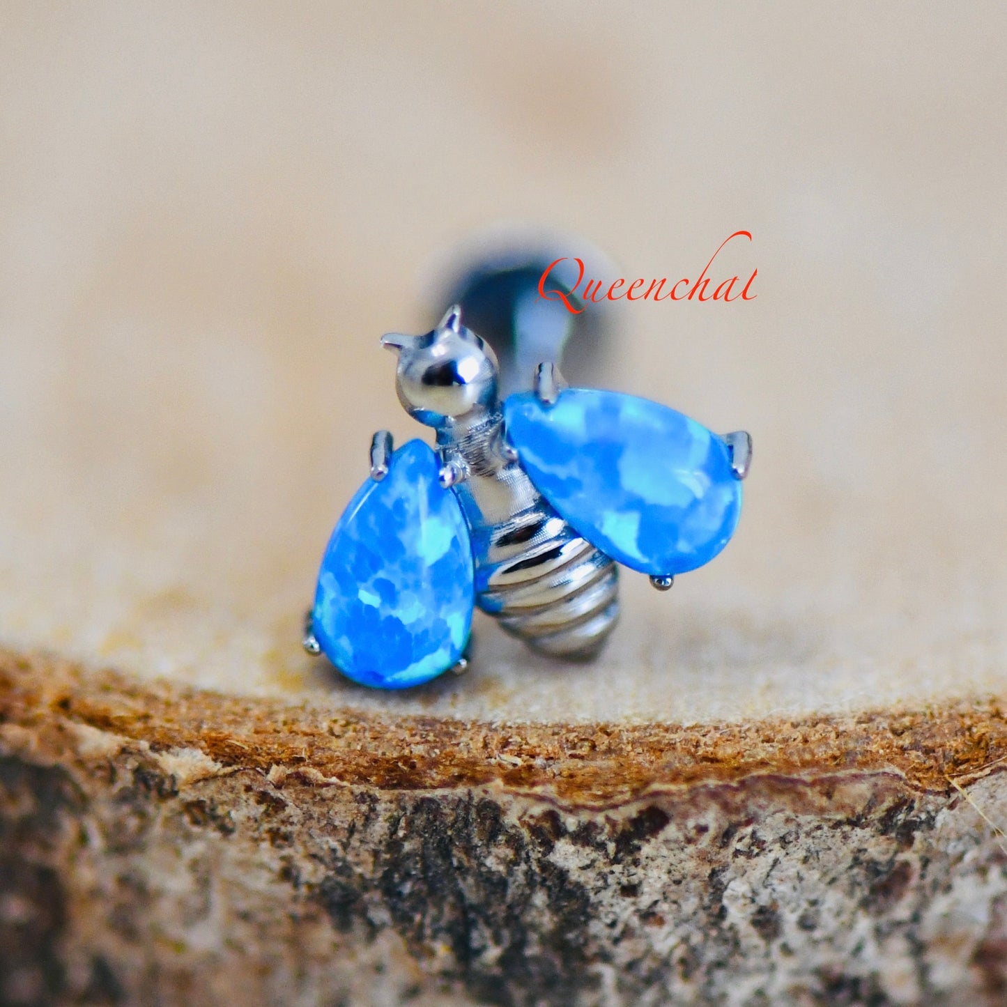 16G, F316 Titanium Opal Bee Labret Internally Threaded 8mm Bar