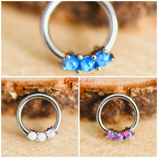 16G 316L Surgical Steel Three Opal Septum Segment Cartilage Piercing Earring Gold Silver Clicker Rook, Daith Ring Earring