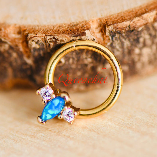 316L Surgical Steel 16G Blue Opal And CZ Daith, Rook Piercing Cartilage Ring, Rook, Daith Piercing Hinged Segment Ring