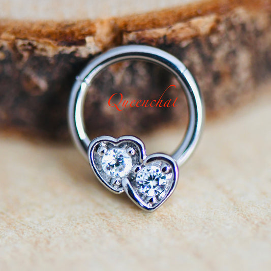 16G 316L Surgical Steel CZ Double Heart Septum Segment Cartilage Piercing Earring Gold Silver Rose gold Clicker Rook Daith Ring Earring