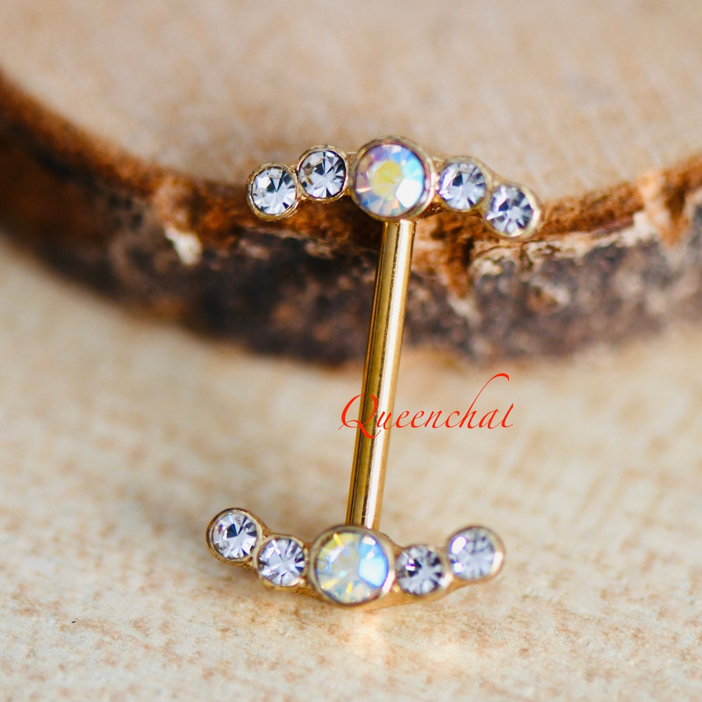 316L Surgical Steel 14G AB Rainbow CZ Curve Ends Gold Nipple Bars