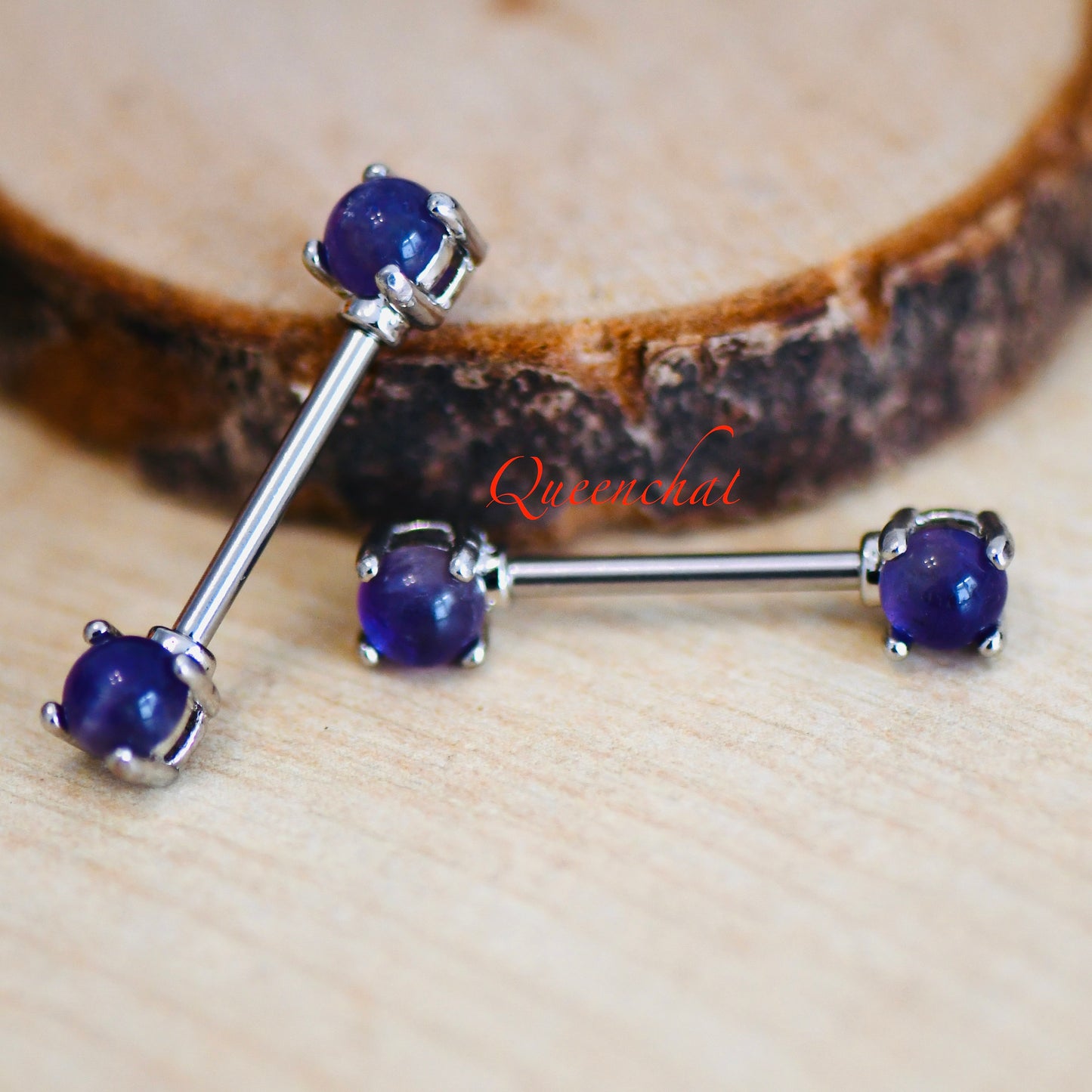 316L Surgical Steel 14G Purple Moonstone Silver Nipple Bars