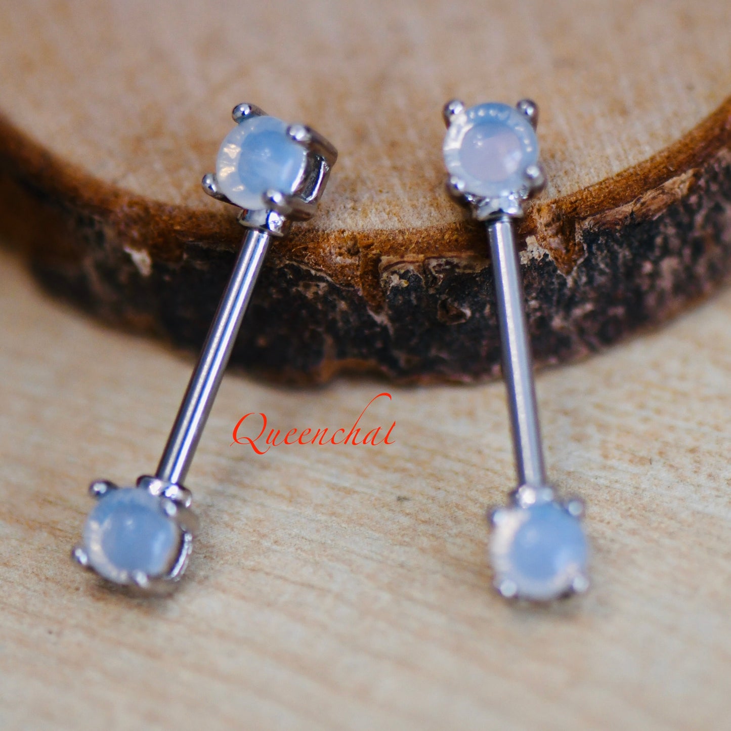 316L Surgical Steel 14G White Moonstone Silver Nipple Bars