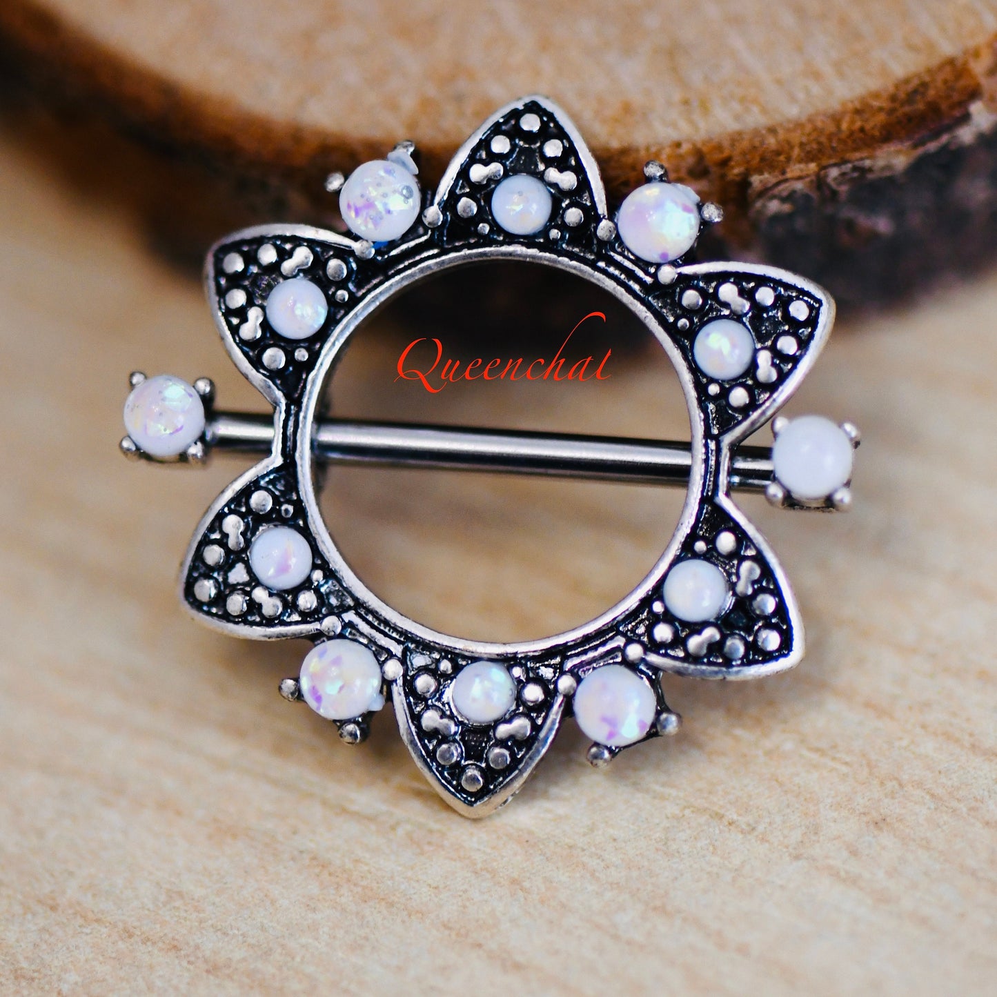 316L Surgical Steel 14G White Opal Nipple Ring Silver Nipple Bars
