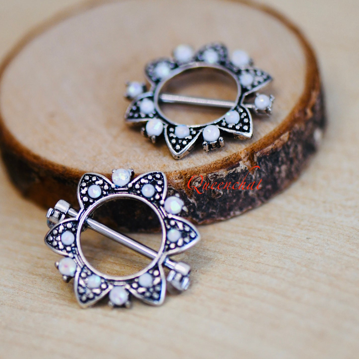 316L Surgical Steel 14G White Opal Nipple Ring Silver Nipple Bars