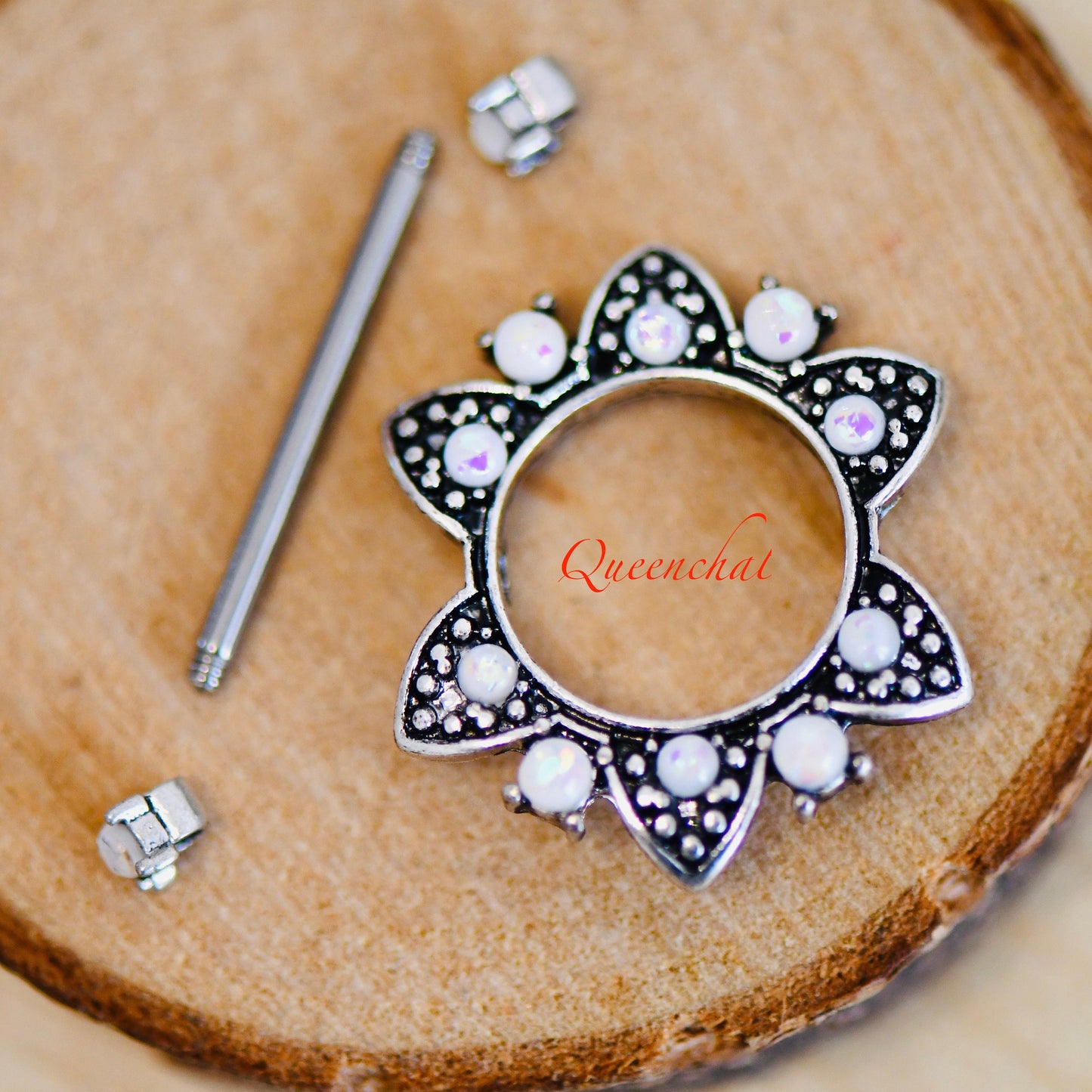 316L Surgical Steel 14G White Opal Nipple Ring Silver Nipple Bars