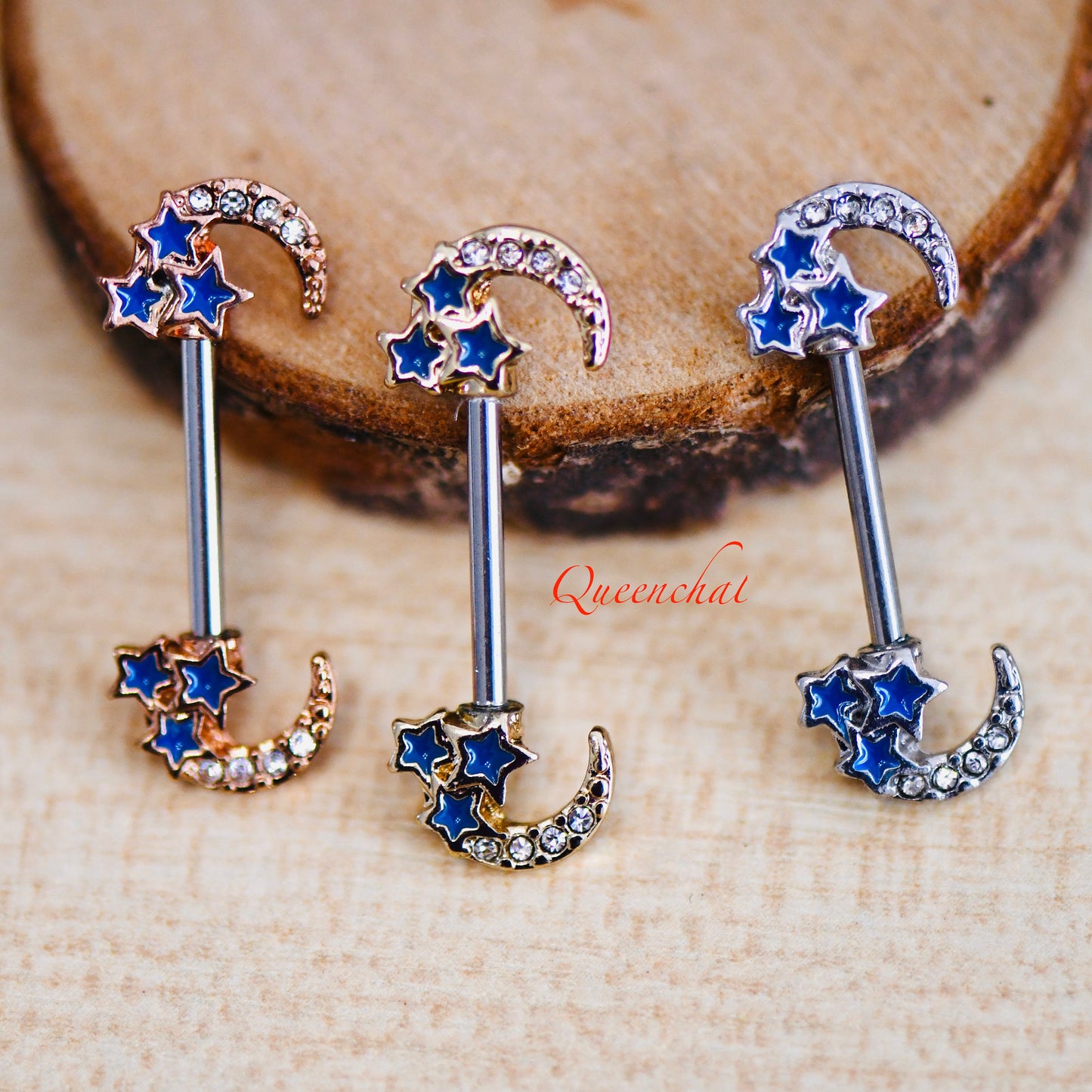 316L Surgical Steel 14G Moon With Stars Celestial Nipple Bars