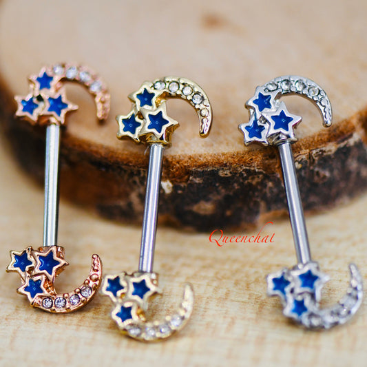 316L Surgical Steel 14G Moon With Stars Celestial Nipple Bars