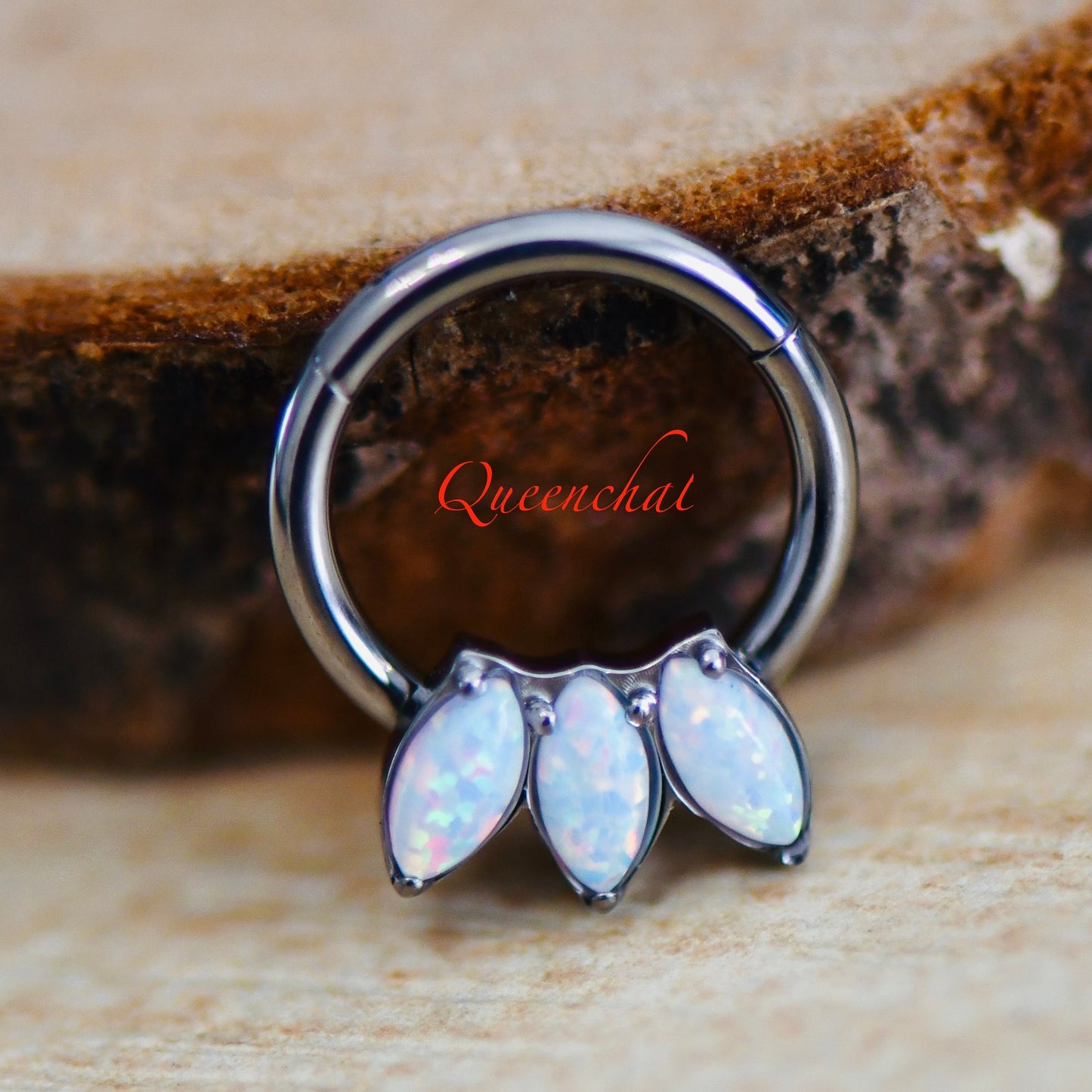16G 316L S/S Three Opal Petals Hinged Segment Ring Septum, Tragus Piercing Ring
