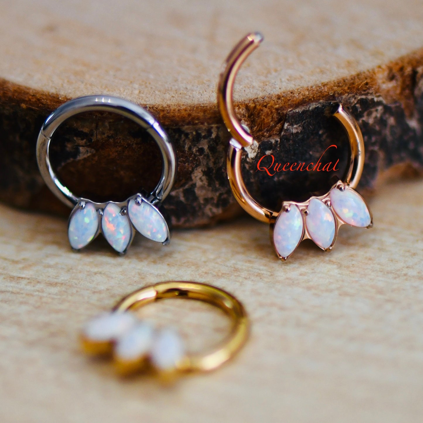 16G 316L S/S Three Opal Petals Hinged Segment Ring Septum, Tragus Piercing Ring