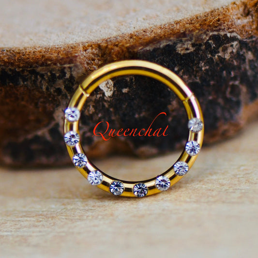 16G 316L S/S Pave CZ Hinged Segment Ring Gold Septum Ring Nose Ring 8mm