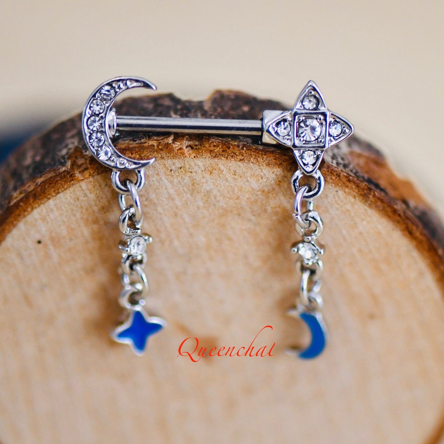 316L Surgical Steel 14G Dangling Blue Star And Moon With Chains Nipple Bars