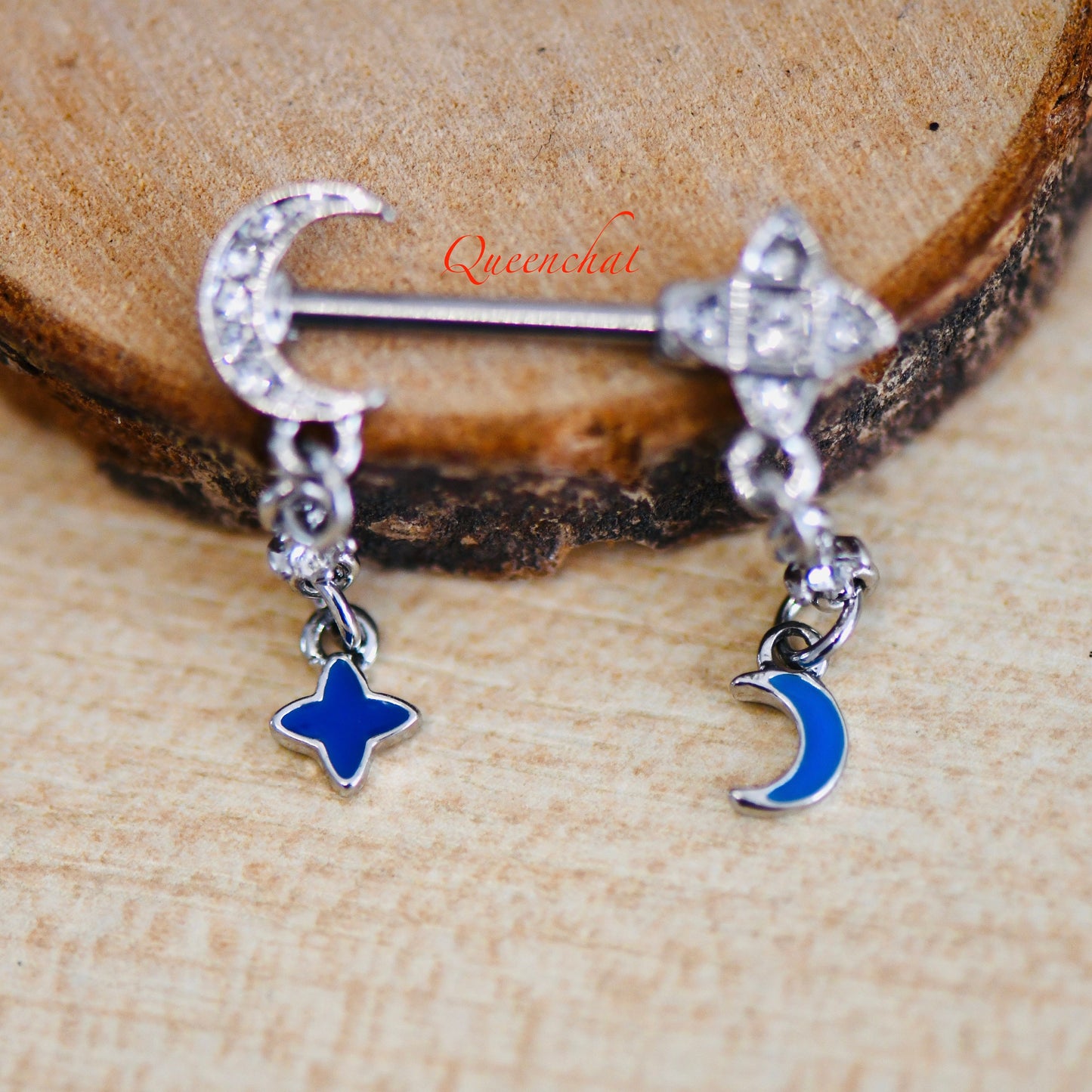 316L Surgical Steel 14G Dangling Blue Star And Moon With Chains Nipple Bars