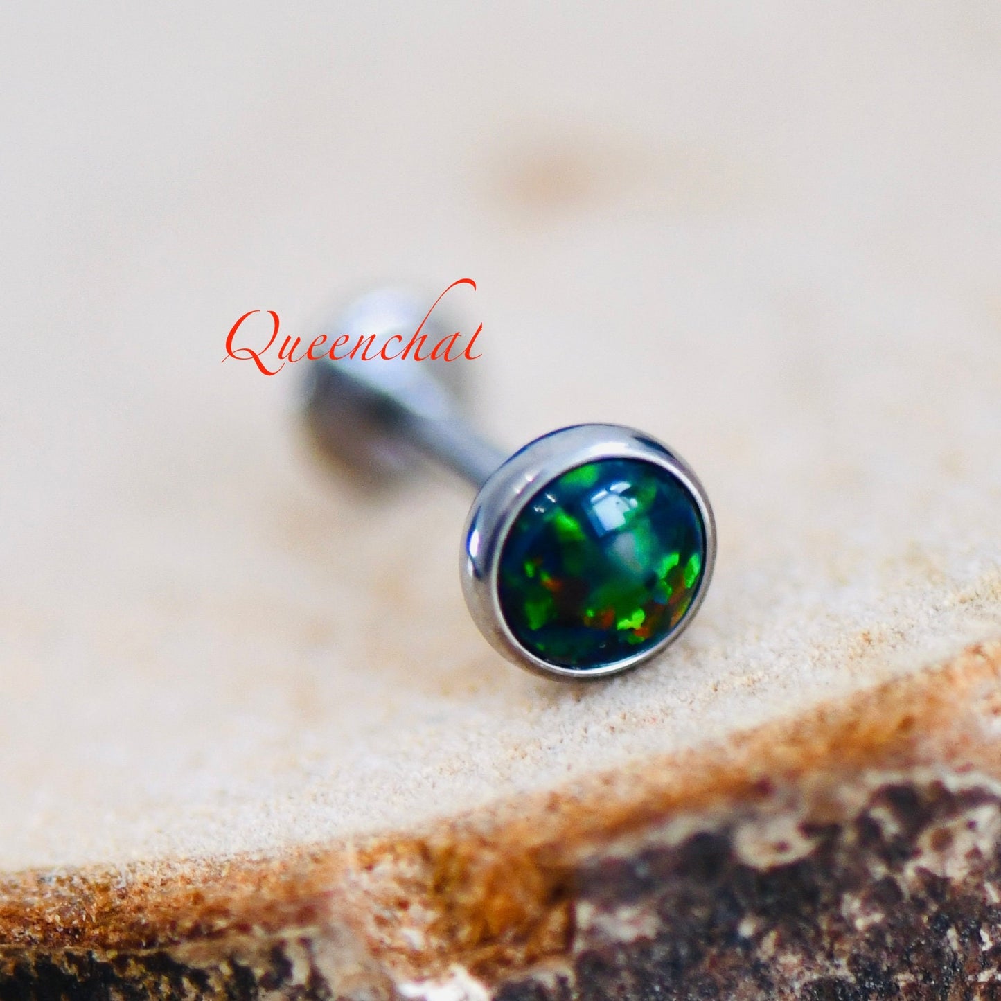 16G, F136 Titanium OP35 Green Opal Bezel Set Internally Threaded Labret