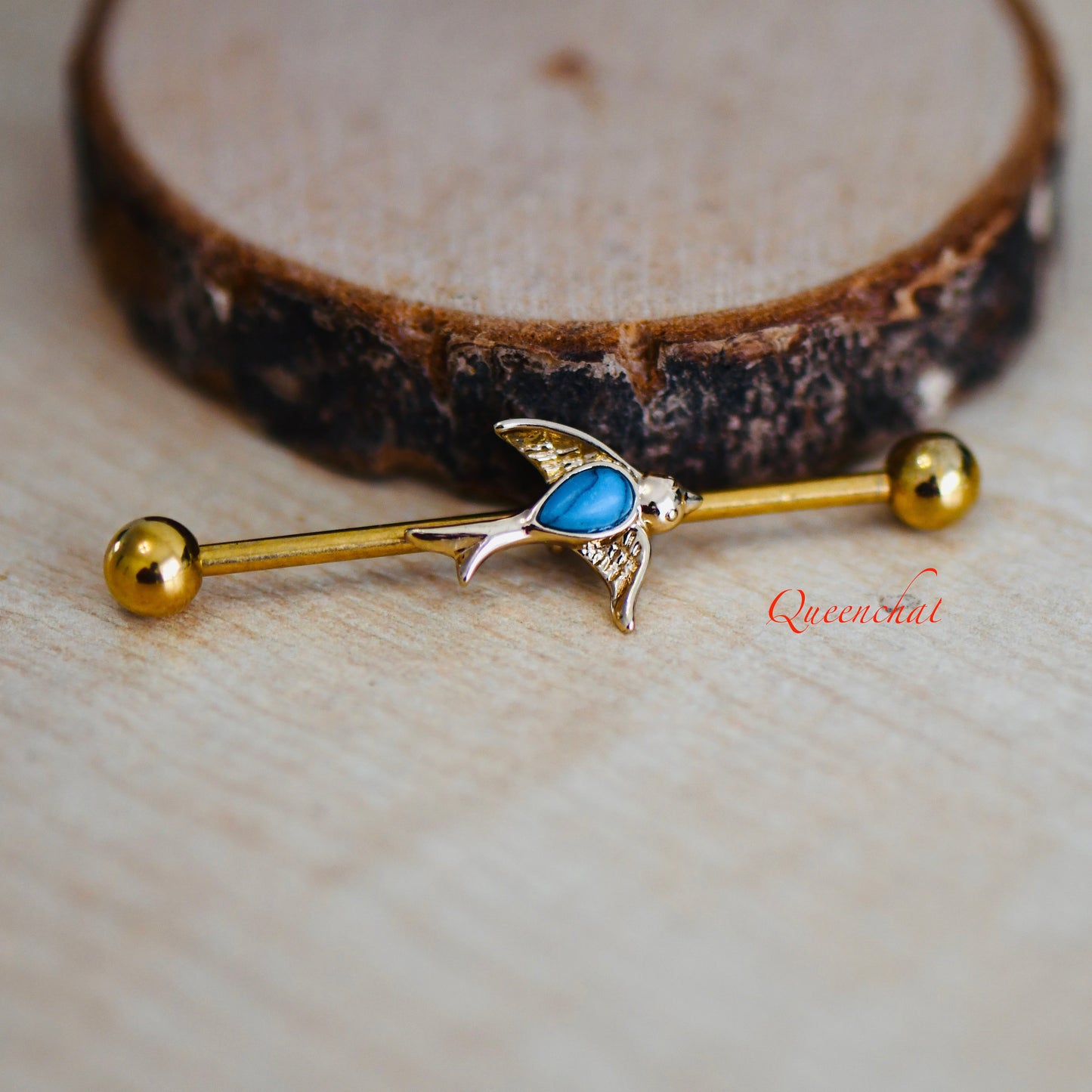 14G 316L Surgical Steel Golden Bird With Blue Turquoise Industrial Barbell Long Barbell Ear Piercing