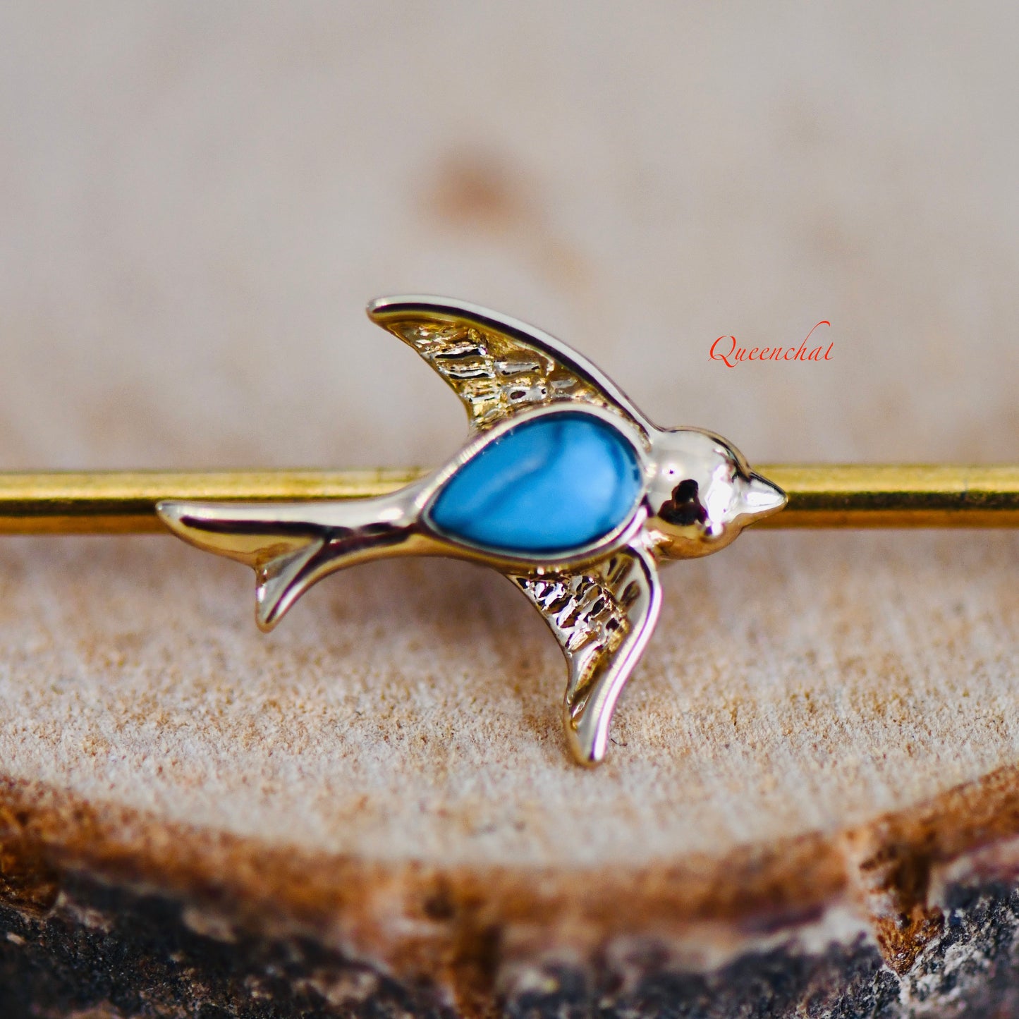 14G 316L Surgical Steel Golden Bird With Blue Turquoise Industrial Barbell Long Barbell Ear Piercing