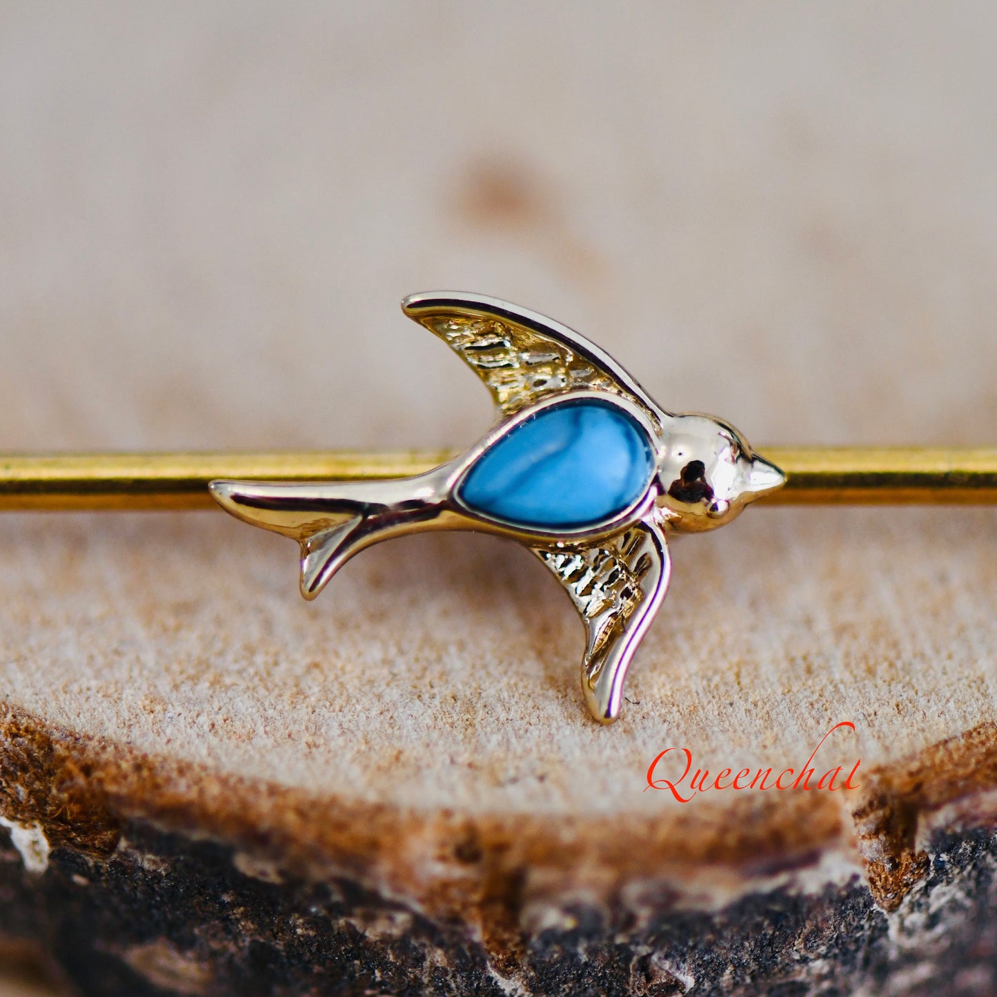 14G 316L Surgical Steel Golden Bird With Blue Turquoise Industrial Barbell Long Barbell Ear Piercing